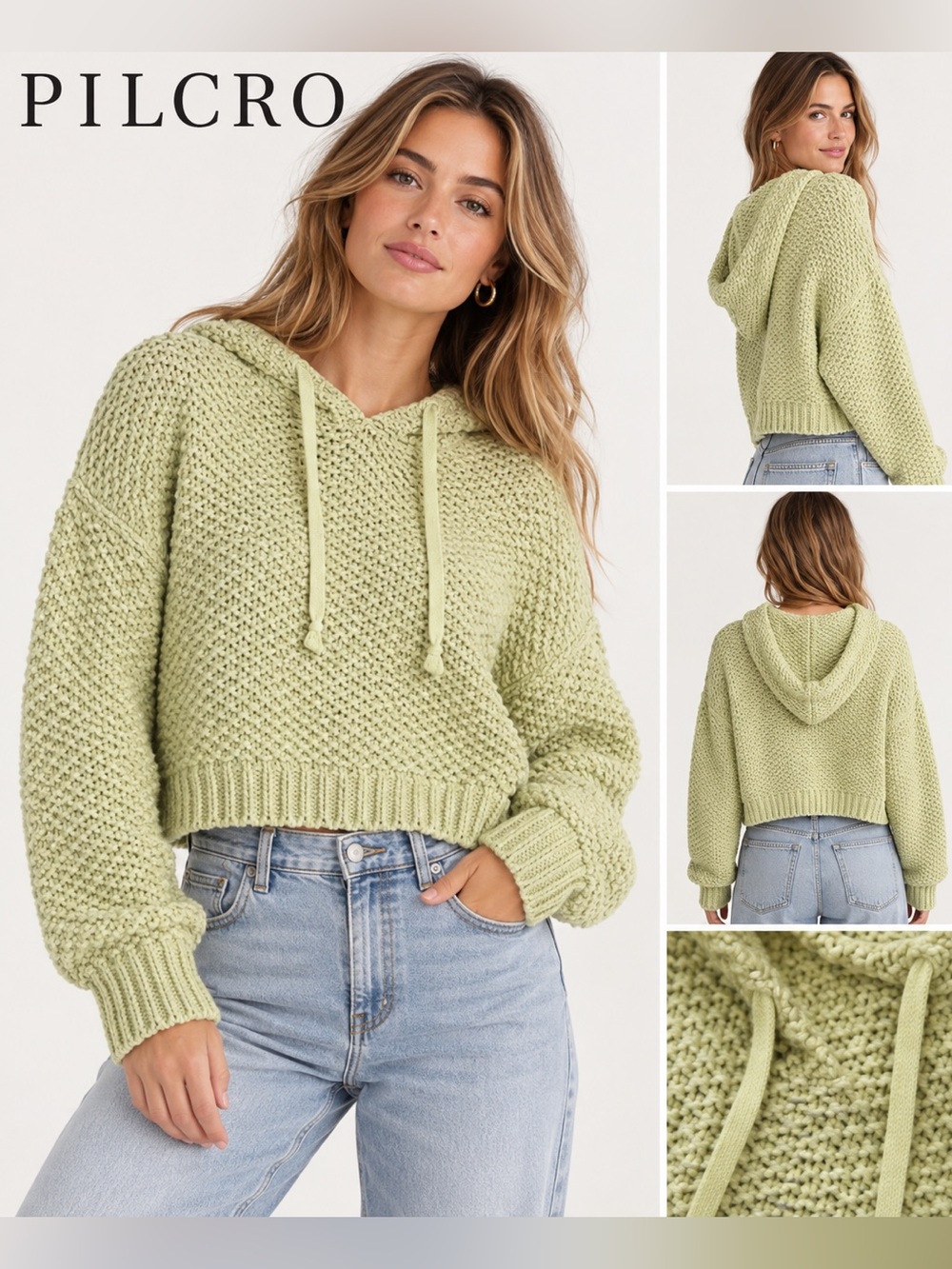Pilcro Anthropologie XXS Crochet Knit Cropped Hoodie Sweater Green Oversized xxs